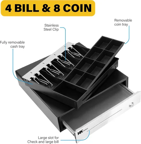 Miniatura 4 de HK SYSTEMS 16" "acero inoxidable" frontal resistente negro POS Cajón de efectivo con 4Bill/8Coin "acero inoxidable" para Canadá