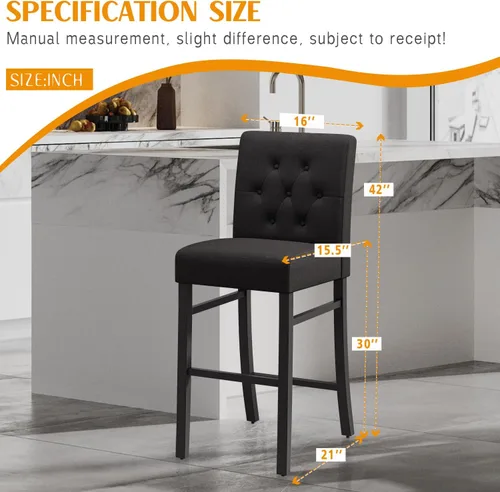 Miniatura 9 de Juego de 4 taburetes de bar de 30 pulgadas de altura de mostrador con respaldo de tela, sillas de bar modernas con altura de asiento, taburetes