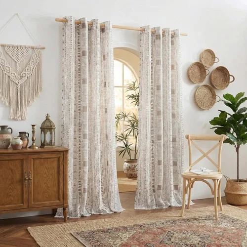 NICETOWN Cortinas bohemias de lino transparente para sala de estar, cortinas semitransparentes de granja con patrón de rayas bohemias, cortinas Gris