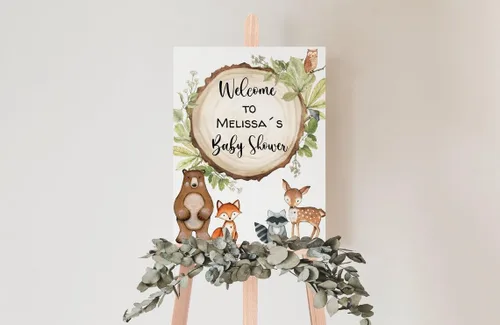 Miniatura 24 de Cartel de bienvenida de baby shower, cartel de bienvenida editable con texto en inglés "It's a Girl Woodland", letrero de bienvenida de baby shower