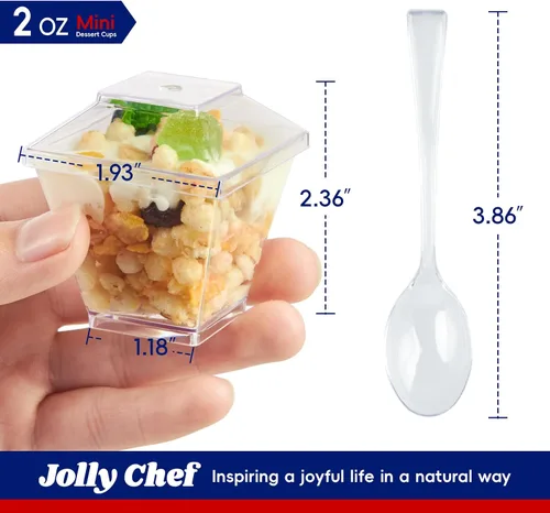 Miniatura 2 de JOLLY CHEF Paquete de 100 mini tazas de postre de 2 onzas con cucharas y tapas, taza cuadrada alta de plástico transparente para aperitivos