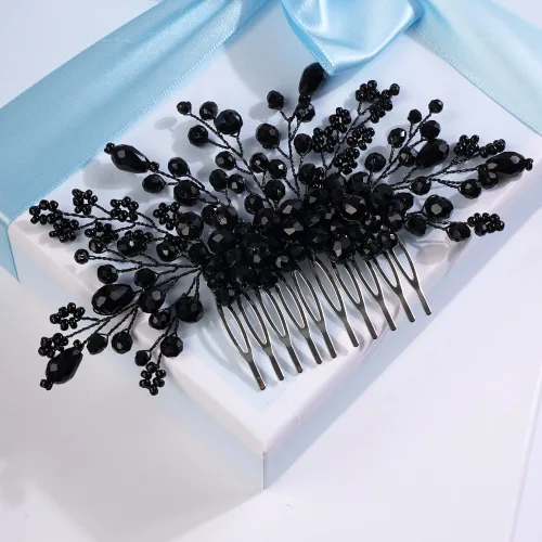 Miniatura 2 de Missgrace Mujeres nupcial boda hecho a mano cristales negros lado pelo peine ocasión especial tocado negro mujeres accesorios para el cabello
