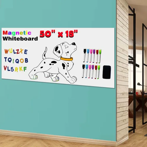 Papel magnético de borrado en seco para pared, 50 x 18 pulgadas, adhesivo autoadhesivo para pizarra blanca con 12 marcadores magnéticos y borrador