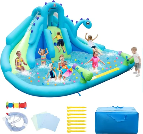 Miniatura 11 de HONEY JOY Tobogán acuático inflable con soplador de 680 W, tobogán largo doble gigante/casa de rebote/pared de escalada/carrera de obstáculos, cañón