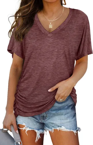 Miniatura 22 de WIHOLL - Camisetas de manga corta con cuello en V para mujer, holgadas, con fruncido lateral