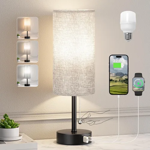 Miniatura 12 de Juego de 2 lámparas de noche grises para dormitorio, lámpara de mesa de noche con puerto de carga USB A + C, 3 temperaturas de color, cadena