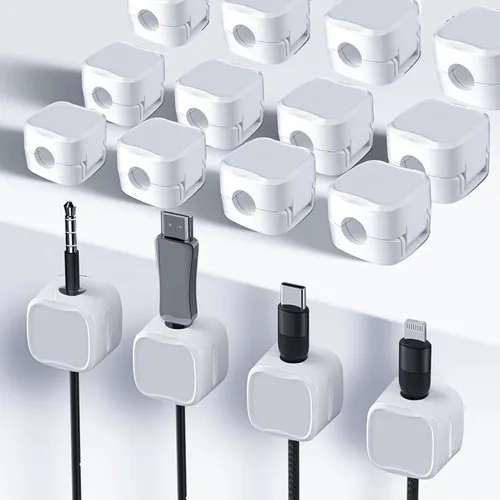 Paquete de 12 soportes organizadores de cables (blanco) con adhesivo fuerte, fácil de abrir para el hogar, oficina, coche, mesita de noche