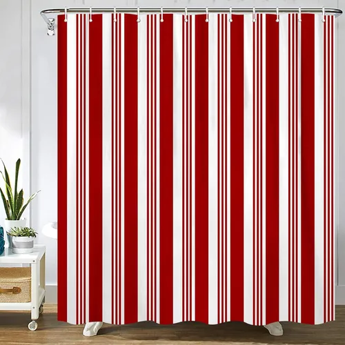 Cortina de ducha de poliéster con patrón de bastón de caramelo rojo y blanco abstracto de Navidad, juego de cortinas con ganchos, impermeable, 24