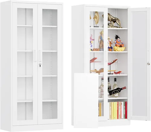 Miniatura 11 de Gabinete de exhibición con bloqueo con puerta de cristal, gabinetes Curio de metal de 71 pulgadas de alto con estantes ajustables, vitrina de licor
