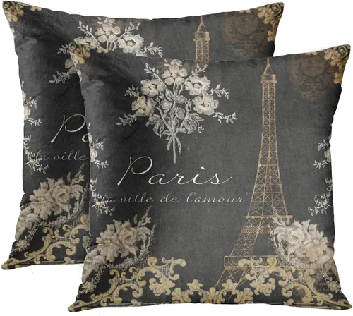 Emvency Juego de 2 fundas de almohada negras vintage de París City of Love Torre Eiffel, pizarra de tiza, color marrón antiguo, funda de almohada