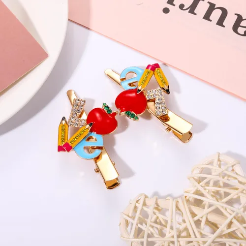Miniatura 4 de ANGLESJELL Pinzas para el cabello para profesores, lindas horquillas de lápiz de manzana de cristal FRI-YAY Love para mujeres, accesorio
