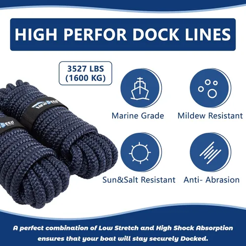 Miniatura 4 de MALZE-NEWSEED Dock Lines Paquete de 2 de 3/8" x 25' Cuerda de Barco de Nylon Trenzado Doble con Ojales de 12", Líneas de Amarre Premium de Grado