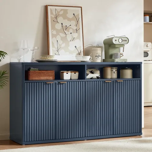 Miniatura 13 de LEYAOYAO Gabinete de buffet acanalado con almacenamiento, aparador de madera de 45 pulgadas de ancho con 3 puertas y estante de almacenamiento