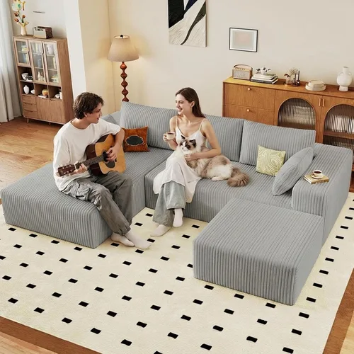 Miniatura 56 de Sofá seccional Cloud de 96 pulgadas, sofá deshuesado para sala de estar, sofá modular con asiento profundo, sofá de pana cómodo y esponjoso con Negro