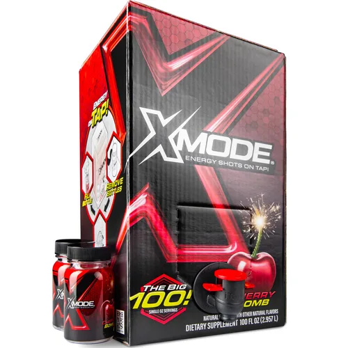 XMODE Extra Strength Energy Shots on Tap - Sabor a bomba de cereza, sin azúcar, 150 mg de cafeína por oz, B12, 100 porciones (1 onza), dispensador