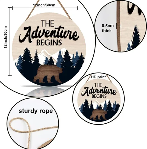 Miniatura 6 de LHIUEM Letrero colgante de madera con texto en inglés "The Adventure Begins", decoración de pared de bosque, con citas inspiradoras de montaña