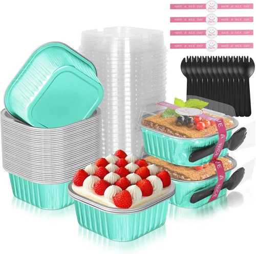 Miniatura 11 de Mini moldes para pasteles de 10 oz con tapas, paquete de 40 moldes de papel de aluminio para brownies, moldes desechables tipo ramekins para Dorado