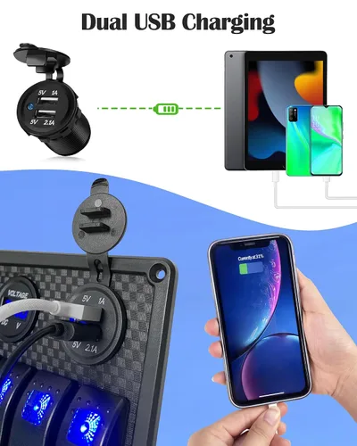 Miniatura 4 de Panel de interruptor basculante impermeable de 6 posiciones con pantalla digital LED azul, voltímetro, doble puerto de carga USB de 5 V, toma