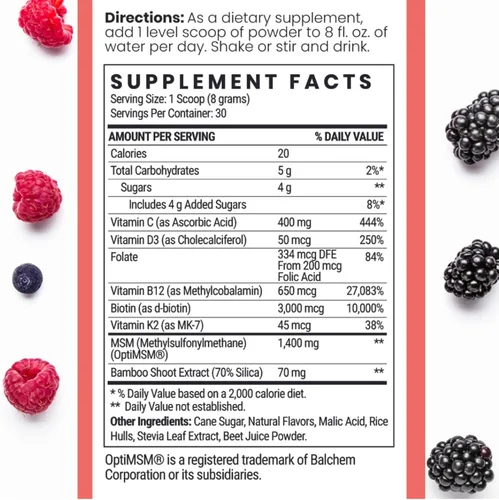 Miniatura 2 de Qhemet Biologics MSM + Biotin - Mezcla de bebida nutritiva para el cabello, vitaminas en polvo para apoyar un volumen exuberante, sílice de bambú