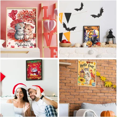 Miniatura 4 de Sinmoe 12 piezas de arte de diamantes de San Valentín DIY 5D Cat Diamond Painting Kits para adultos, pinturas de diamantes para niños, padres, niños