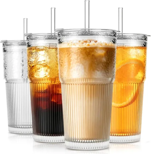 Miniatura 14 de SoulTimes Vaso de vidrio de flor de begonia de 20 onzas con tapas y popotes, 2 tazas de vidrio para café helado para batidos, matcha, jugo, agua