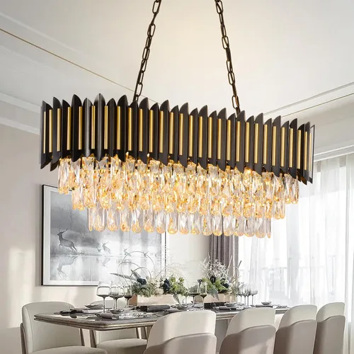 Miniatura 10 de Candelabro moderno de cristal negro y dorado de 15 luces para comedor, sala de estar, redondo, 6 niveles, contemporáneo, colgante de techo, lámpara
