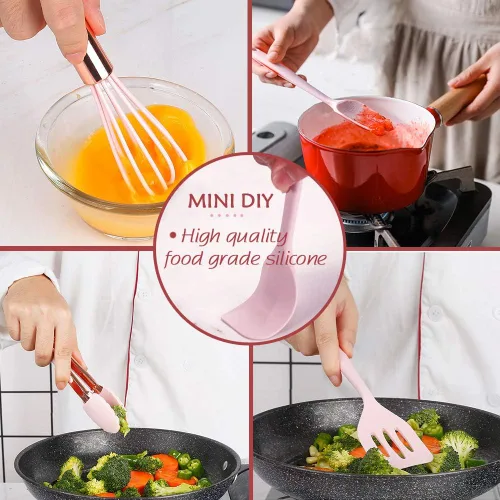 Miniatura 3 de Collfa Juego de cinco piezas de utensilios de cocina pequeños en color oro rosa y rosa, herramientas de cocina de silicona mini para niños, incluye