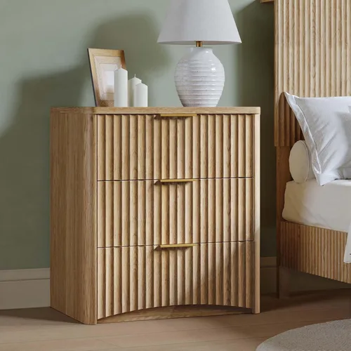 Miniatura 20 de Evermagin Mesita de noche acanalada, mesita de noche de roble natural con cajón y almacenamiento, mesa auxiliar de madera moderna de mediados