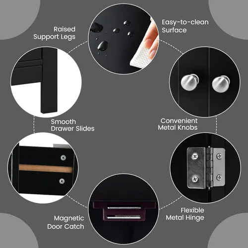 Miniatura 6 de COSTWAY Armario de suelo de baño, organizador de almacenamiento lateral de madera con cajón más grande, estante ajustable y armario de 2 puertas
