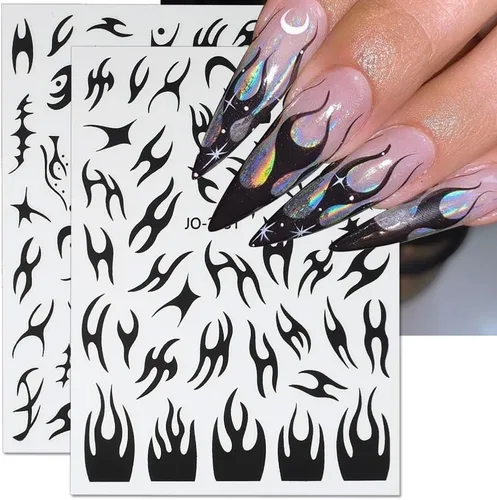 Miniatura 4 de 8 hojas de calcomanías de arte de uñas con llama irregular, plateado metálico, negro, blanco, oro, calcomanías autoadhesivas Y2k para diseño de uñas
