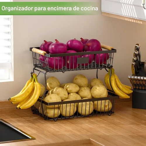Miniatura 6 de Cesta de frutas de 2 niveles para encimera de cocina con 2 ganchos para plátanos, cesta de pan de metal para encimera con mango de madera, soporte
