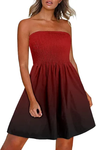 Womens Summer Dresses Strapless Tube Top Dress Short Boho Floral Print Dress Tube Ruched Ruffle Swing Mini Dress