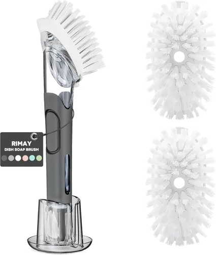 Juego de recambios de cepillo de platos con dispensador de jabón y soporte con 2 piezas de recambios de cepillo y soporte - RIMAY Dispensador de