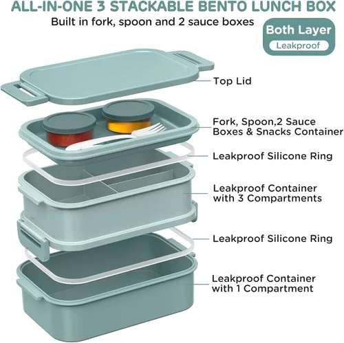 Miniatura 2 de DaCool Lonchera Bento para adultos, caja Bento de 74 onzas, contenedor apilable todo en uno para adultos, caja Bento grande con tenedor, cuchara