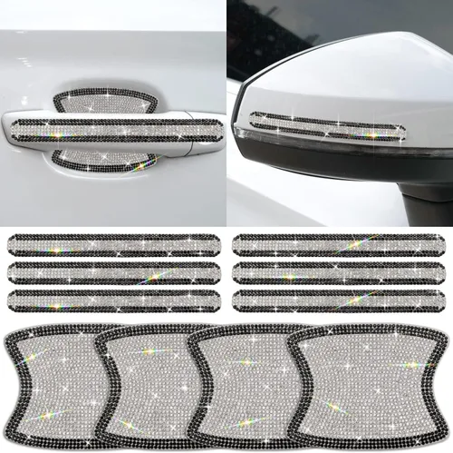 Miniatura 9 de Paquete de 10 calcomanías reflectantes para manija de puerta con diamantes de imitación para automóvil, universal, espejo retrovisor lateral