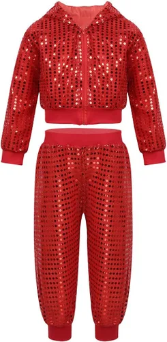 inhzoy Conjunto de lentejuelas para niña, danza callejera, hip hop, danza, rendimiento, con capucha y pantalones de harén