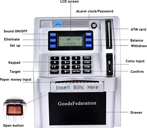 Miniatura 3 de Alcancía estilo cajero automático para dinero real para niños y adultos, alcancía de juguete con tarjeta, contraseña, reconocimiento de monedas