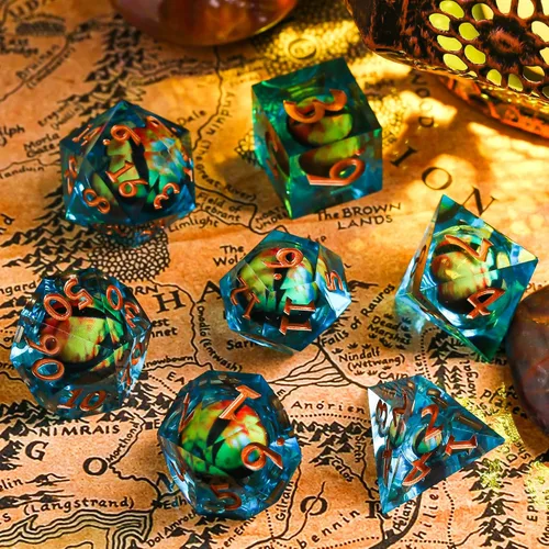 Miniatura 5 de Dados de Borde Afilado DND, Juego de Dados de Ojo DND, Dados de Ojo de Dragón de Núcleo Líquido para Juegos de Rol de Mesa