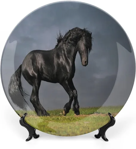 XISUNYA Plato decorativo de 6 pulgadas, plato de cena de decoración de caballo, galope de semental friesio negro en puesta de sol tormentoso, placa