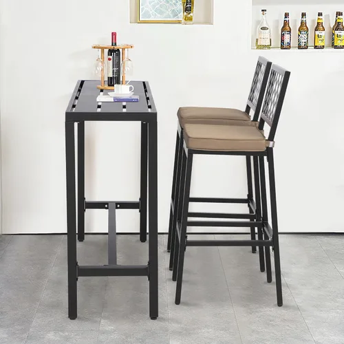 Miniatura 9 de Sillas y mesa de bar para exteriores, juego de bar de metal para exteriores, juego de mesa de bar de 3 piezas con taburetes de bar y cojines