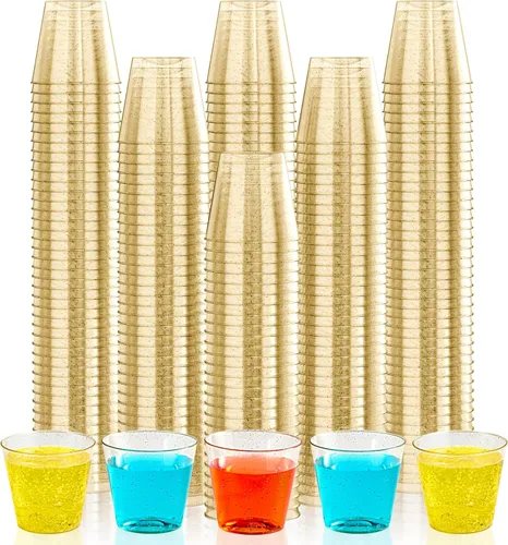 JOLLY CHEF Paquete de 500 vasos de chupito de 1 onza con purpurina dorada, vasos desechables con purpurina para boda, día de Acción de Gracias,