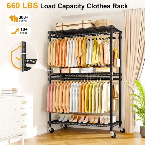 Miniatura 2 de ULIFHOME P5 Plus - Perchero resistente para colgar ropa, perchero de metal con ruedas, estante portátil de 3 niveles para armario de 45 pulgadas