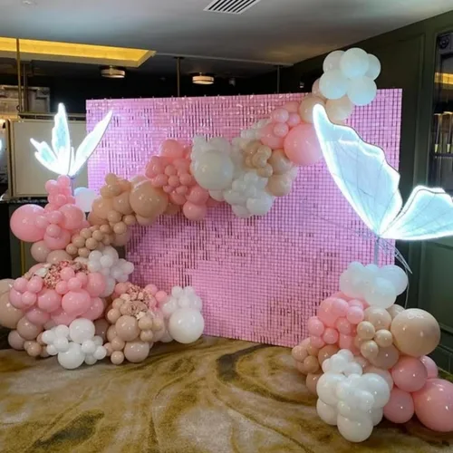 Miniatura 5 de COKAOBE Telón de fondo de pared brillante rosa bebé, 24 piezas de panel cuadrado de lentejuelas brillantes, fondos de fotos para cumpleaños