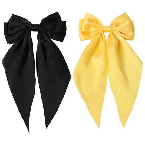 Miniatura 25 de Furling Pompoms Pinza para el Cabello Lazos para el Cabello, 2 piezas Lazos Grandes de Satén Beige/Negro para Mujeres y Niñas, Pasadores