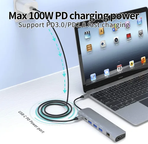 Miniatura 4 de Estación de acoplamiento para portátil con concentrador USB C 9 en 1, adaptador multipuerto con HDMI 4K@30Hz, 3X USB 3.0, Gigabit Ethernet, puerto