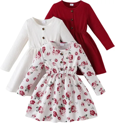 Miniatura 25 de Vestidos para niñas Vestidos para niñas pequeñas Paquete de 3 Vestido casual de fiesta con estampado patinador acampanado tipo A Vestido de verano