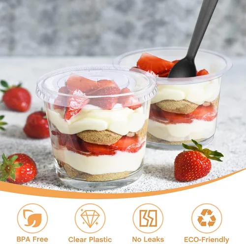 Miniatura 2 de Suclain 100 juegos de tazas transparentes de postre de 8 onzas con tapas y tenedores, vasos desechables de plástico para parfait yogur con tapas