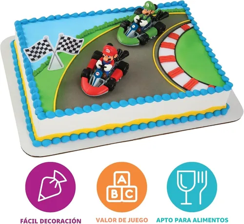 Miniatura 3 de DecoSet® Mario Kart™ Adorno para Pastel, Decoración de Pastel de 3 Piezas con Adornos de Kart de Carreras y Decoración de Bandera a Cuadros, Karts