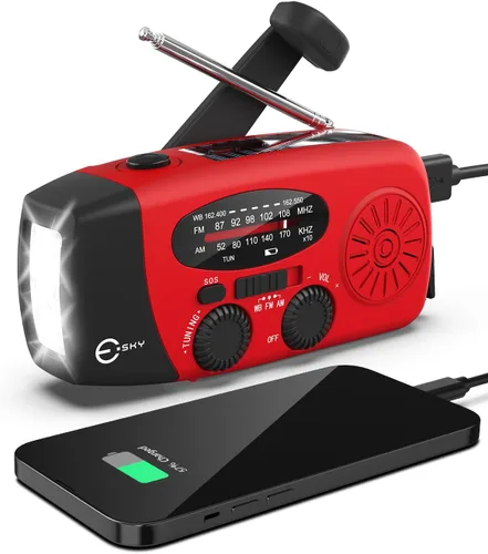 Miniatura 10 de Esky Radio de emergencia con manivela y 3 linternas LED, radio meteorológica portátil AM/FM/NOAA con cargador de teléfono de 2000mAh, radio