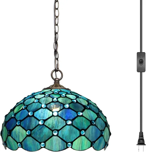 Miniatura 7 de Lámpara Colgante Tiffany con Enchufe, Lámpara Colgante de Cristal Emplomado de 12 Pulgadas, Cadena de 39 Pulgadas, Cable de 15 Pies, Sala de Estar